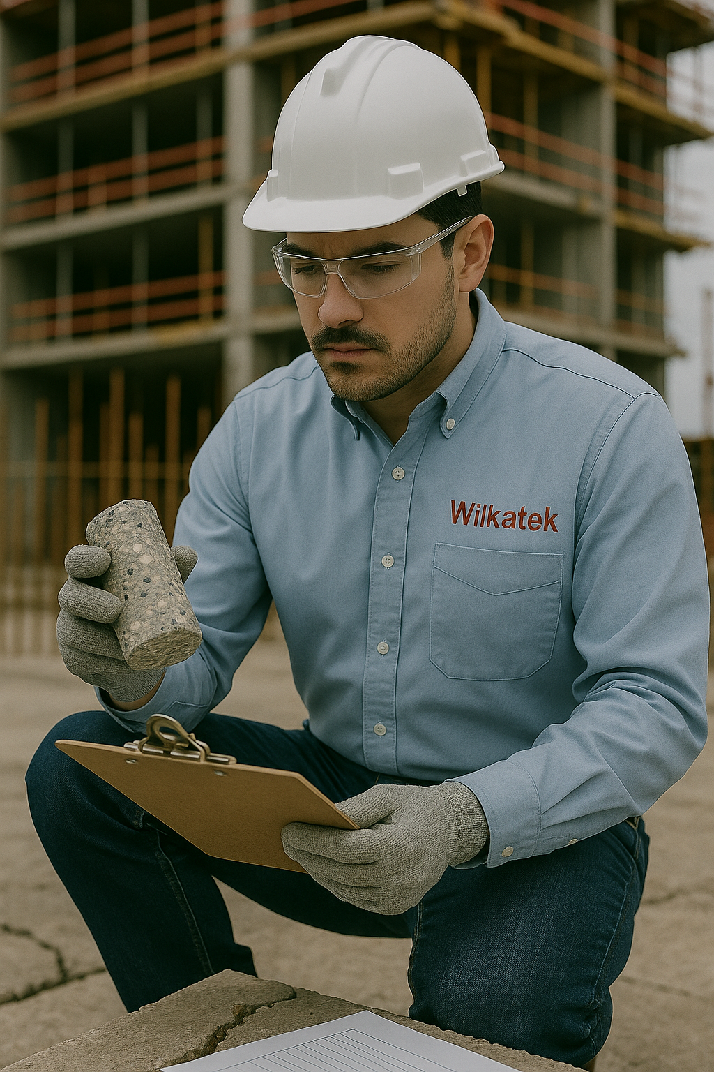 Ingeniero especialista en patologías estructurales toma muestras en obra civil