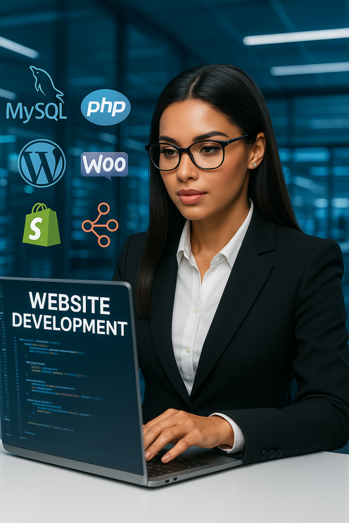 Ingeniera web en acción: En un entorno de oficina futurista, una ingeniera especializada en desarrollo web trabaja con herramientas como WordPress, Shopify, WooCommerce, PHP, MySQL y n8n. Su enfoque y profesionalismo reflejan el poder de la transformación digital para empresas modernas.