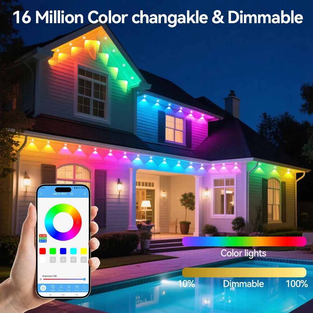Guirnalda de luces RGB de aleros, 100 pies, 60LEDS, luces de iluminación para exteriores, temporizador de música, IP65, cadena impermeable, decoración para fiestas y vacaciones - Image 9
