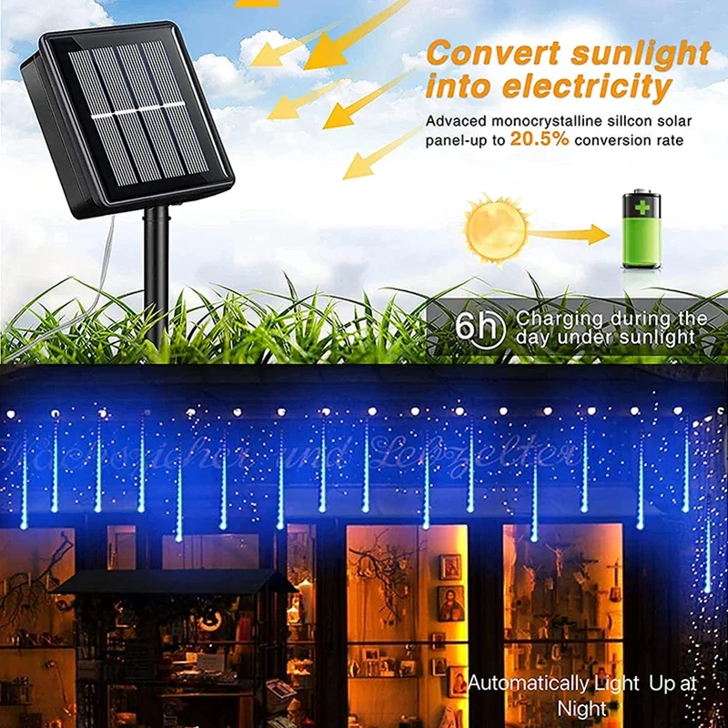 Guirnalda de luces solares para lluvia de meteoritos, luz impermeable para jardín, 8 tubos, árbol de Navidad, fiesta, boda, decoración navideña - Image 26