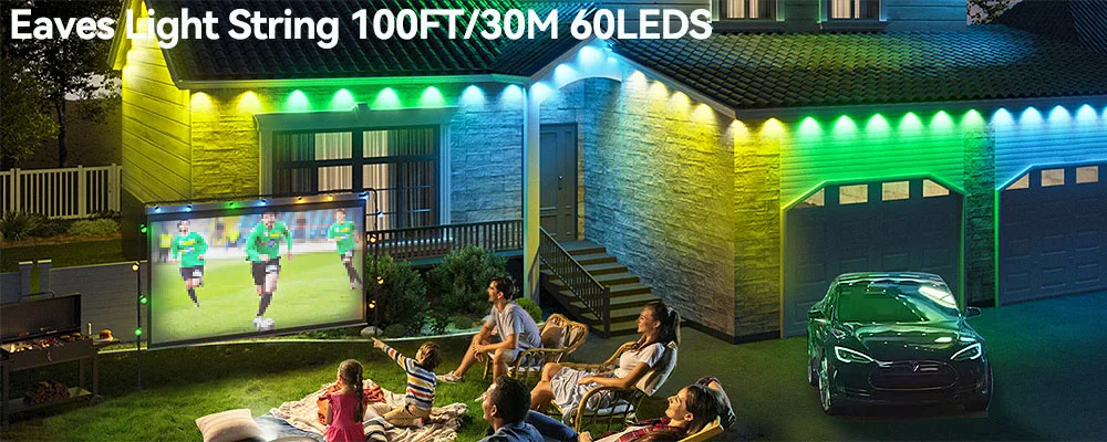 Guirnalda de luces RGB de aleros, 100 pies, 60LEDS, luces de iluminación para exteriores, temporizador de música, IP65, cadena impermeable, decoración para fiestas y vacaciones - Image 8