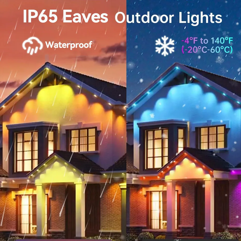 Guirnalda de luces RGB de aleros, 100 pies, 60LEDS, luces de iluminación para exteriores, temporizador de música, IP65, cadena impermeable, decoración para fiestas y vacaciones - Image 2