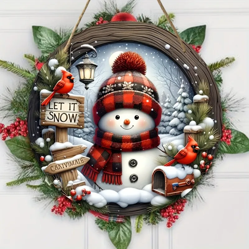 Decoración de corona navideña de madera con muñeco de nieve, adorno colgante para puerta de pared para vacaciones de invierno, decoración de puerta delantera del hogar - Image 3