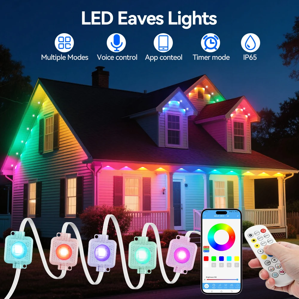 Guirnalda de luces RGB de aleros, 100 pies, 60LEDS, luces de iluminación para exteriores, temporizador de música, IP65, cadena impermeable, decoración para fiestas y vacaciones