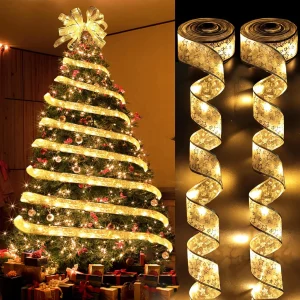 Cinta navideña de luces de hadas, decoración navideña, lazos DIY, adornos de árbol de luces para el hogar, decoración navideña de 2025, Navidad de Año Nuevo
