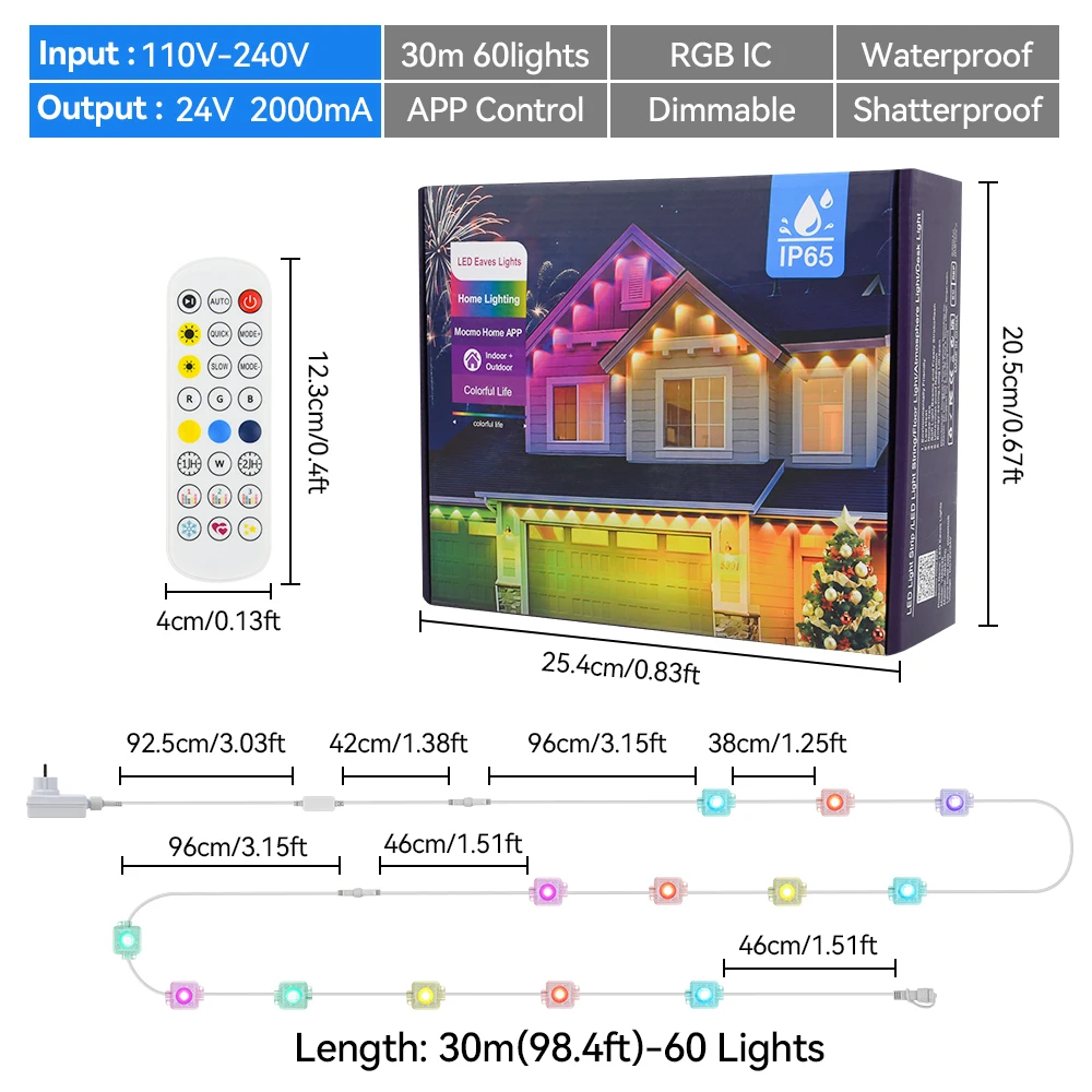 Guirnalda de luces RGB de aleros, 100 pies, 60LEDS, luces de iluminación para exteriores, temporizador de música, IP65, cadena impermeable, decoración para fiestas y vacaciones - Image 6