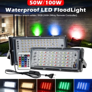 50W 100W LED RGB Luz de inundación AC220V Lámpara de proyector al aire libre Reflector IP65 Reflector impermeable Foco LED con control remoto