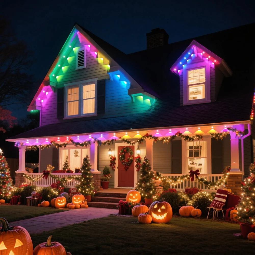 Guirnalda de luces RGB de aleros, 100 pies, 60LEDS, luces de iluminación para exteriores, temporizador de música, IP65, cadena impermeable, decoración para fiestas y vacaciones - Image 10