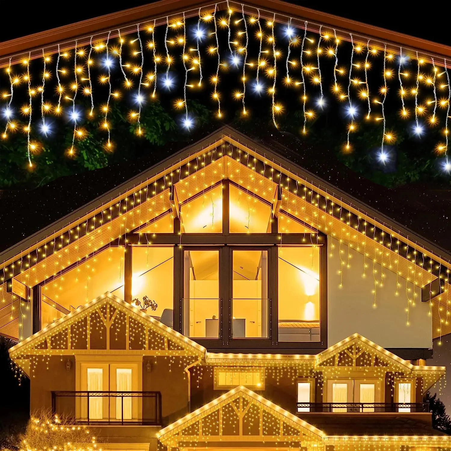 Decoraciones navideñas, adorno, cortina de carámbanos Led, luces para exteriores, blanco cálido con Flash blanco, luz de hadas, alambre transparente, Año Nuevo 2025