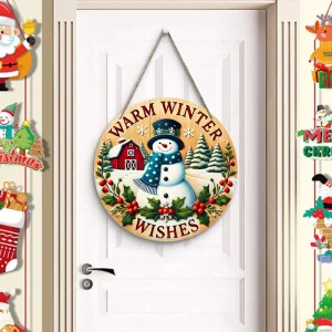 Decoración de corona navideña de madera con muñeco de nieve, adorno colgante para puerta de pared para vacaciones de invierno, decoración de puerta delantera del hogar