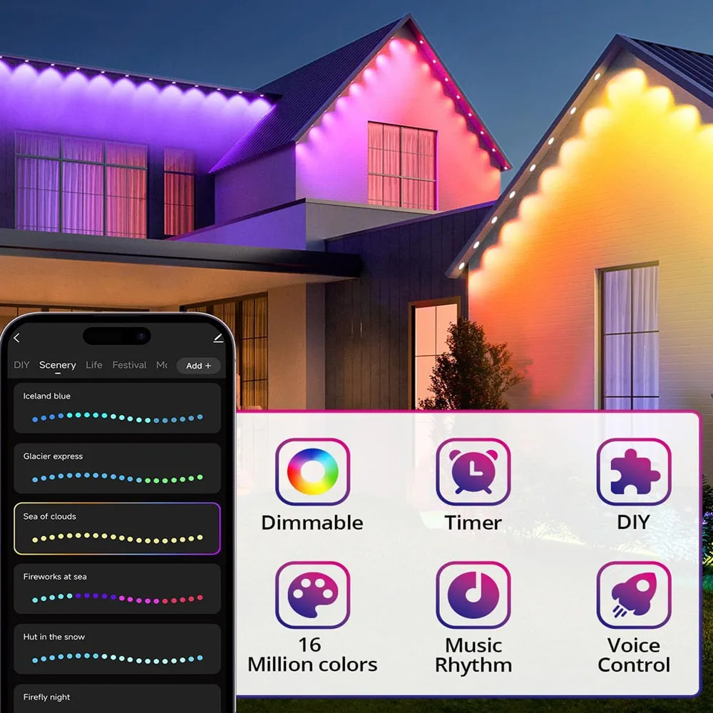 Guirnalda de luces RGB de aleros, 100 pies, 60LEDS, luces de iluminación para exteriores, temporizador de música, IP65, cadena impermeable, decoración para fiestas y vacaciones - Image 4