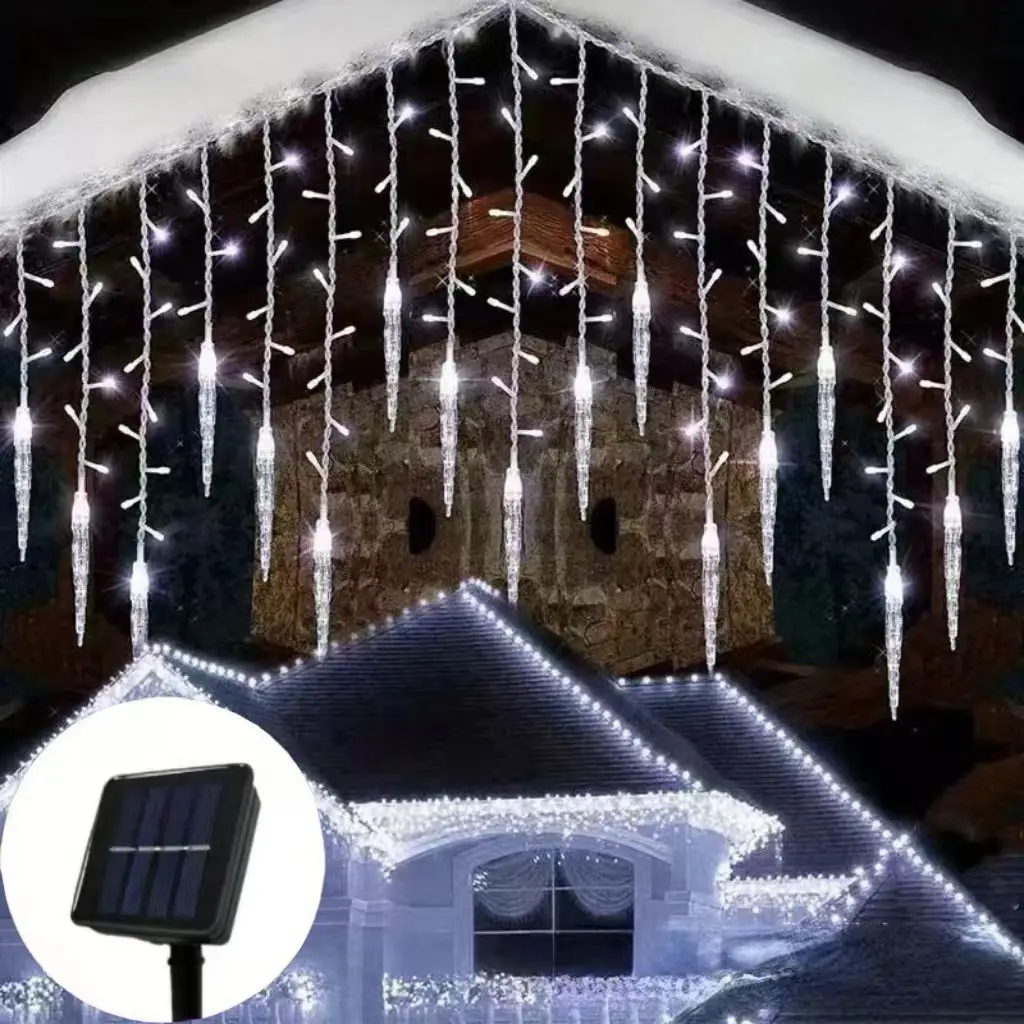 Luces navideñas de carámbanos con energía solar y 8 modos de iluminación, gotas de hielo colgantes para aleros al aire libre y decoración navideña de jardín - Image 8