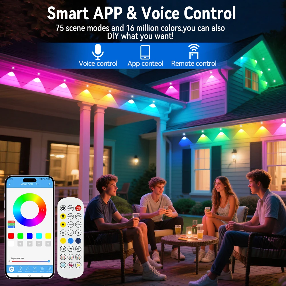 Guirnalda de luces RGB de aleros, 100 pies, 60LEDS, luces de iluminación para exteriores, temporizador de música, IP65, cadena impermeable, decoración para fiestas y vacaciones - Image 3