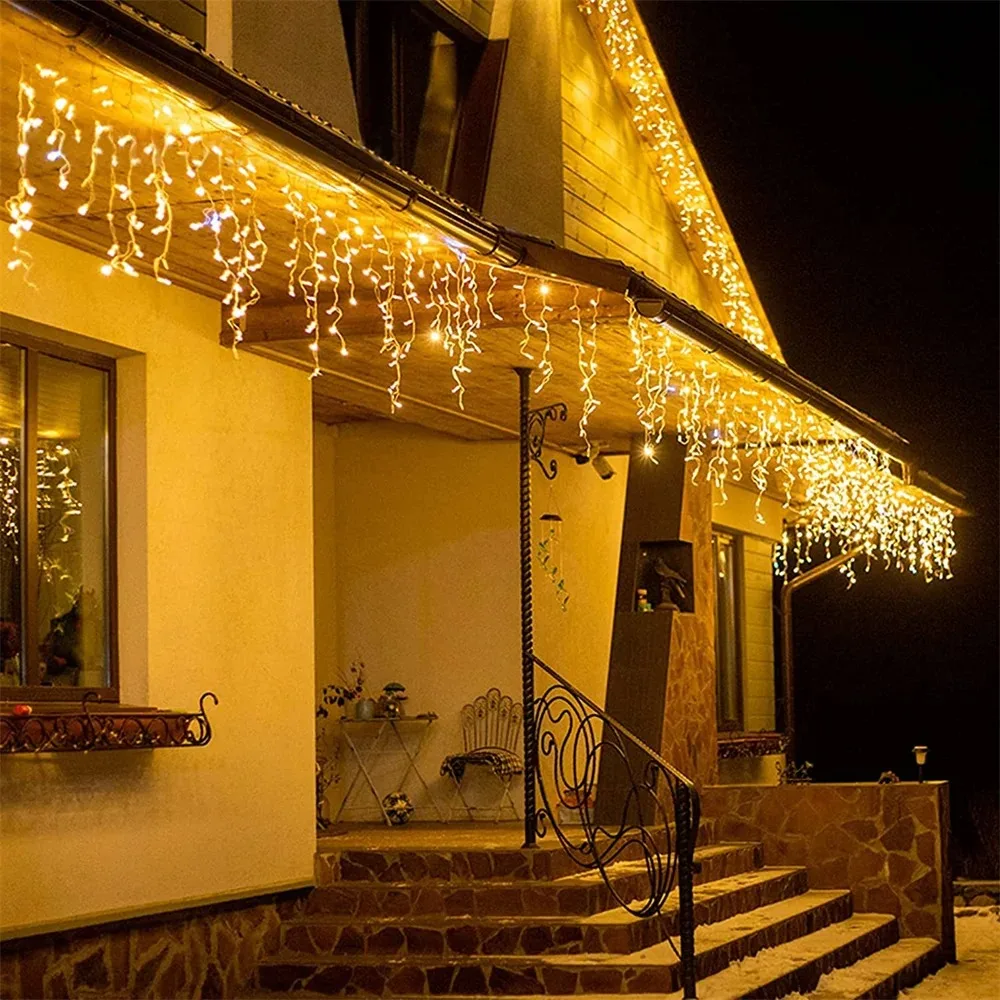 Decoraciones navideñas, adorno, cortina de carámbanos Led, luces para exteriores, blanco cálido con Flash blanco, luz de hadas, alambre transparente, Año Nuevo 2025 - Image 5