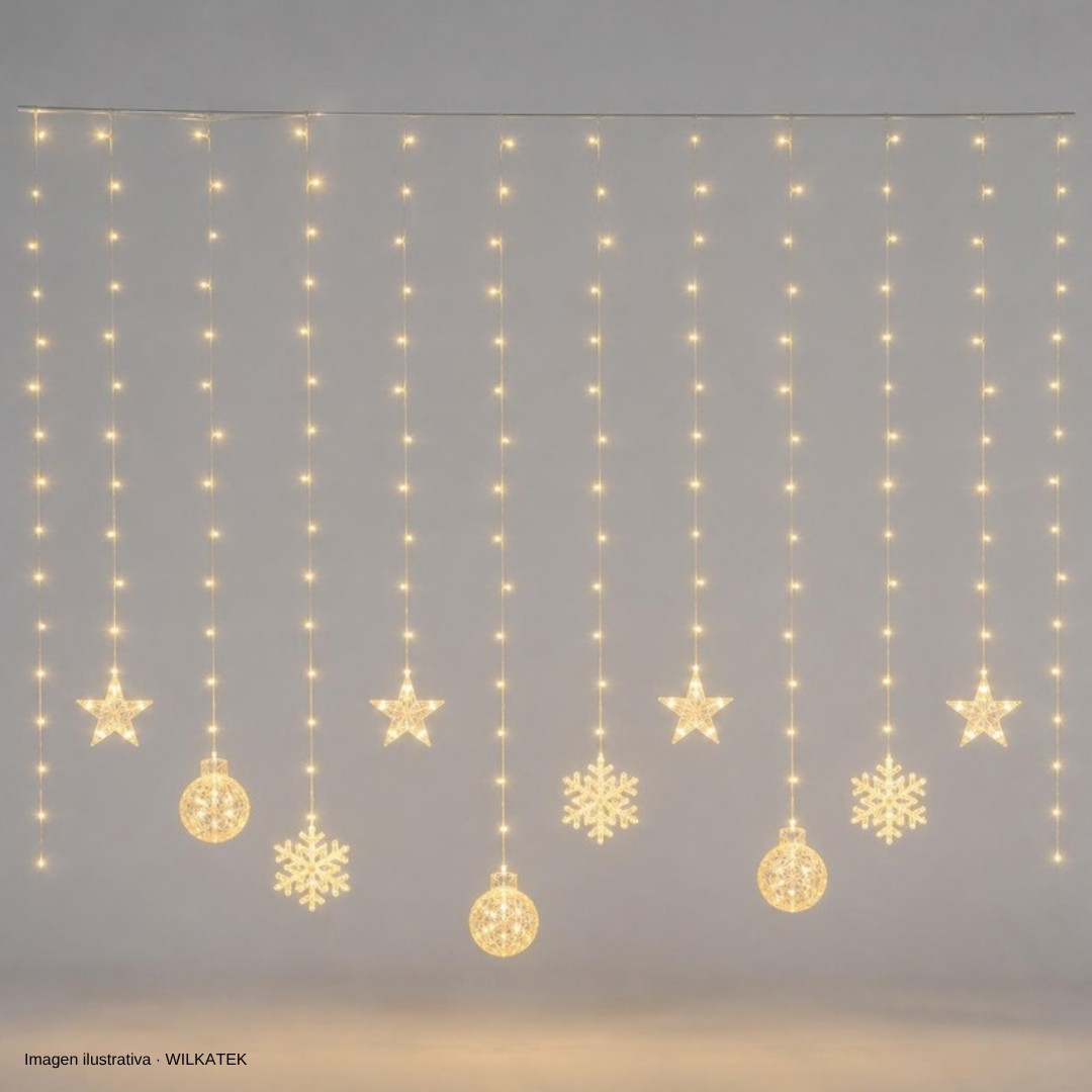 Cortina con figuras: 10cm estrellas + estrella 280 LED, 3 metros de largo por 2 de caída (Caja x 20 und)