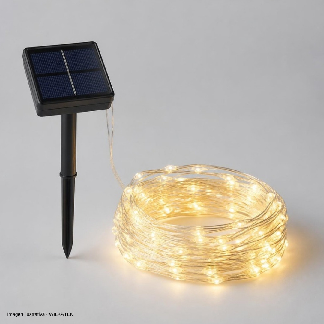 Lineal solar, 1000 LED, cable siliconado, 100 Metros, 8 funciones, se activa por 6 horas (Caja x 10 und)