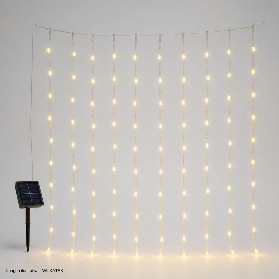 Cortina solar, cable siliconado, 300 LED, 6x1 Metros, 8 funciones, se activa por 6 horas (Caja x 20 und)