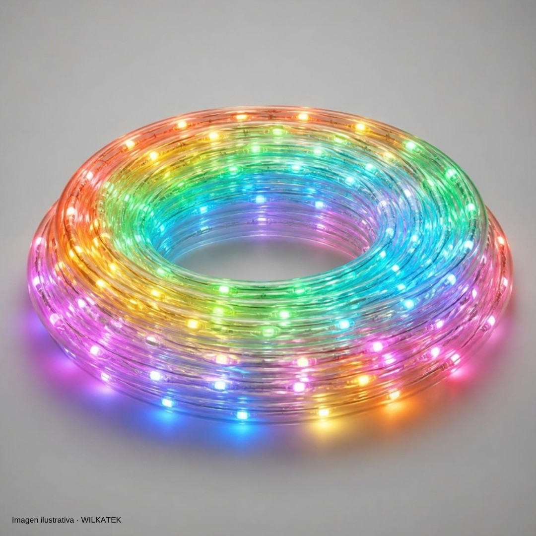 Manguera de 3 vías, 100 metros, 18 LEDs x metro, diámetro 10.5mm, incluye 1 control de 8 (Caja x 1 und)