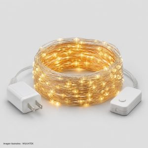 Lineal de 100 LED, cable alambre plata, 10 Metros, control de 8 funciones, de enchufe (Caja x 100 und)