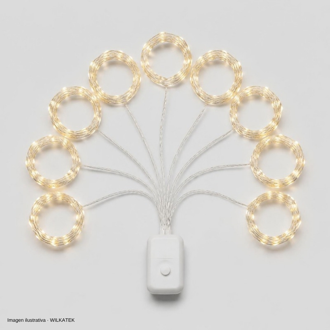 Luz cable alambre plata en ramo de 10 tiras x30 LED x3 metros, 8 funciones, de enchufe (Caja x 50 und)