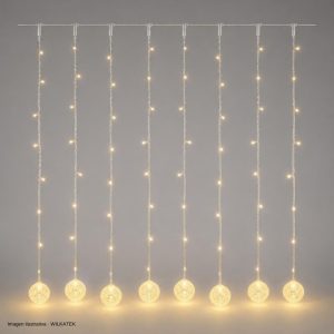 Cortina 100 LED, 3X1m figura bola 10cm con destellos 8 tiras Colores:Multi blanco cálido (Caja x 24 und)