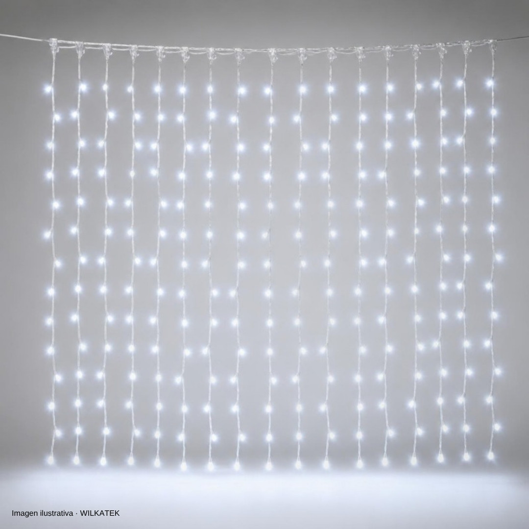Cortina de 180 LED, cable siliconado, 6 metros, con conectador de rosca, luz fija, apto (Caja x 60 und)