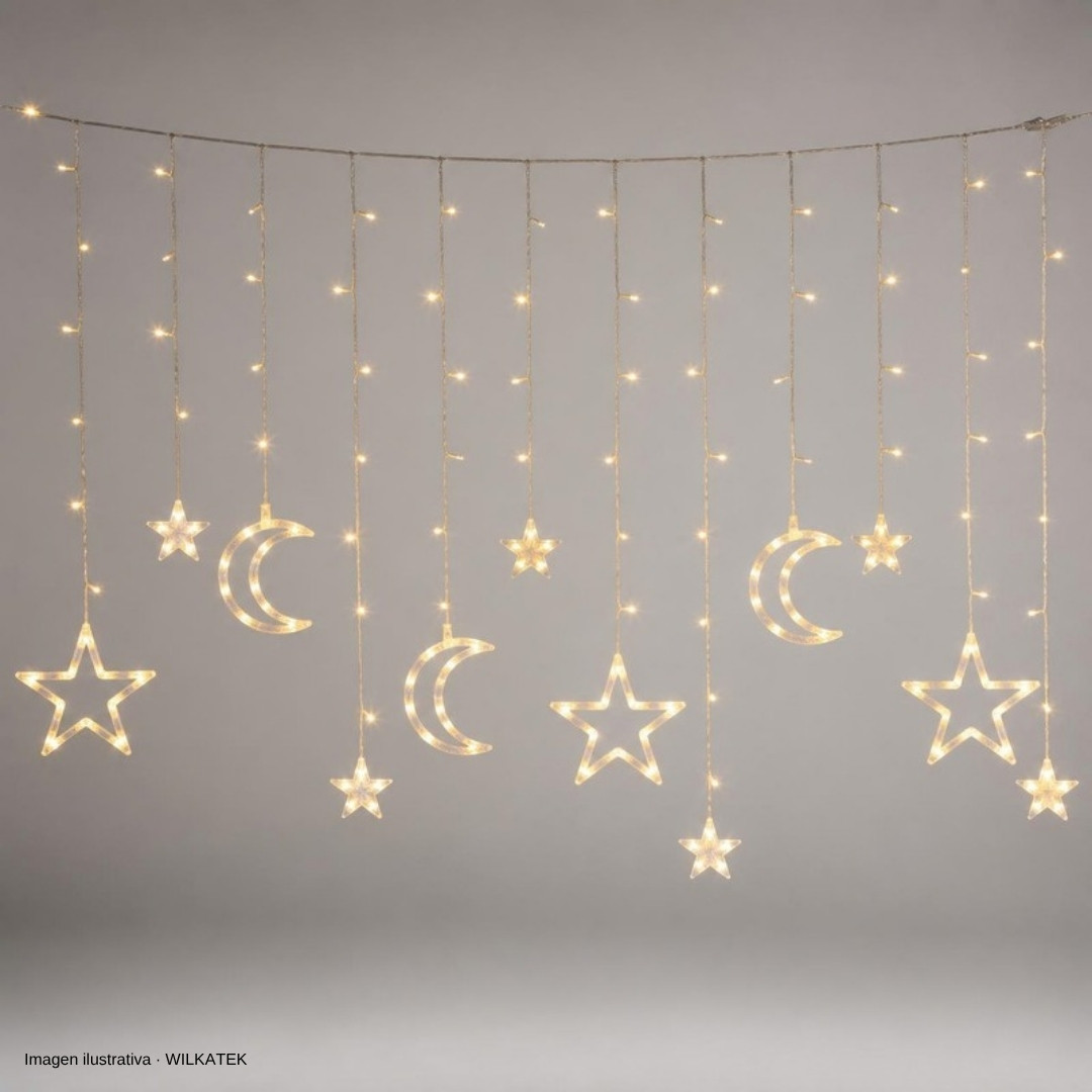 Lluvia con figura: Estrella hueca + estrellita, 101 LED, 3x1 metros, con continuidad, 8 (Caja x 40 und)