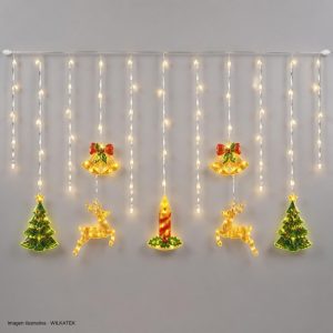 Lluvia con figura: Campana + Árbol + Reno + Velita, 105 LED, 3x1 metros, con continuidad (Caja x 40 und)