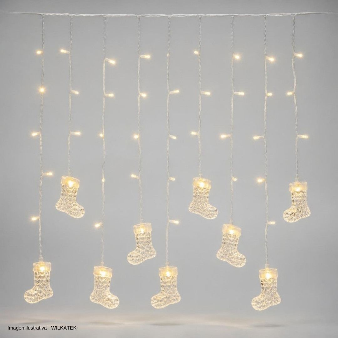 Cortina con figura de bota de acrílico, 140 LED, 3x2 metro, con continuidad, 8 funciones (Caja x 40 und)