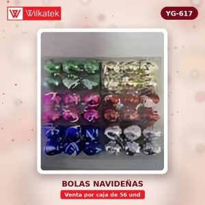 Bola de Navidad con imagenes: papa noel, estrella, árbol, campana, copo de nieve,… (6 und/tubo x 56 und)