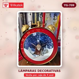 Reloj con luz, nieve y musica, tamano: 48x11x55cm y conector directo a luz. (Empacado con icopor x 4 und)