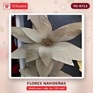 Flor navideña de terciopelo,medida 48 cm ,Dorada 25%,Rojos 25%,plateada 15%,palo de… (Opp x 120 und)