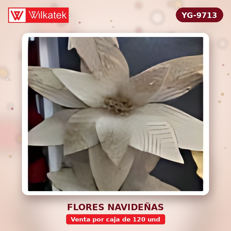 Flor navideña de terciopelo,medida 48 cm ,Dorada 25%,Rojos 25%,plateada 15%,palo de… (Opp x 120 und)