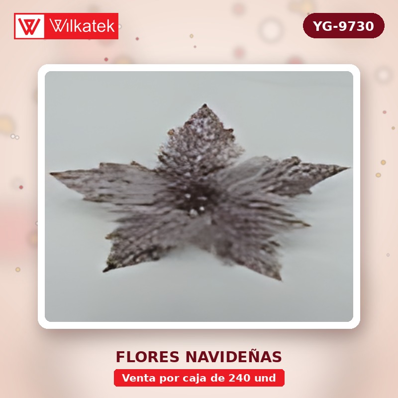 Flor navideña escarchada,medida 22 cm,Dorado 25%,Rojo 25%,Plateado 15%,palo de rosa… (Opp x 240 und)