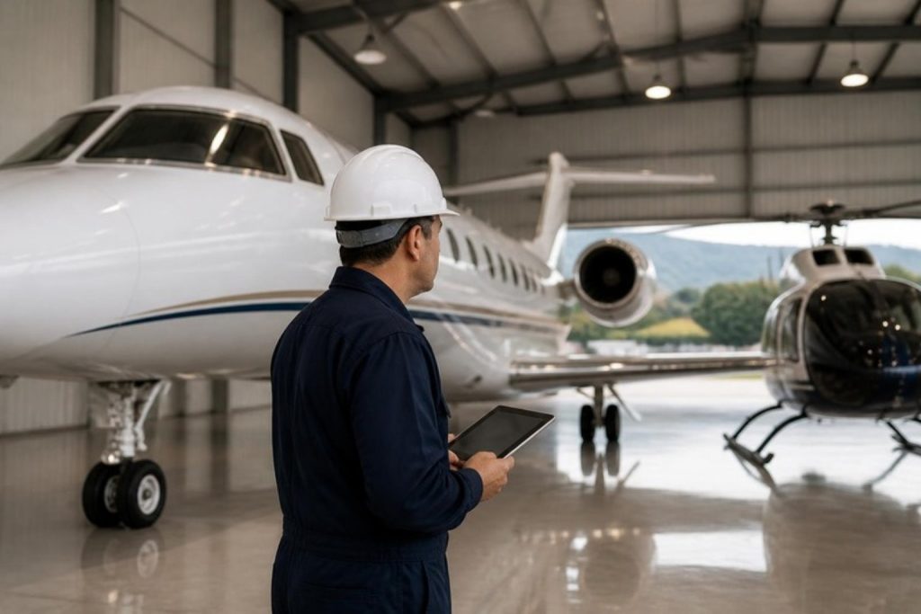 Avalúo de aeronaves: aviones ejecutivos y helicópteros en hangar