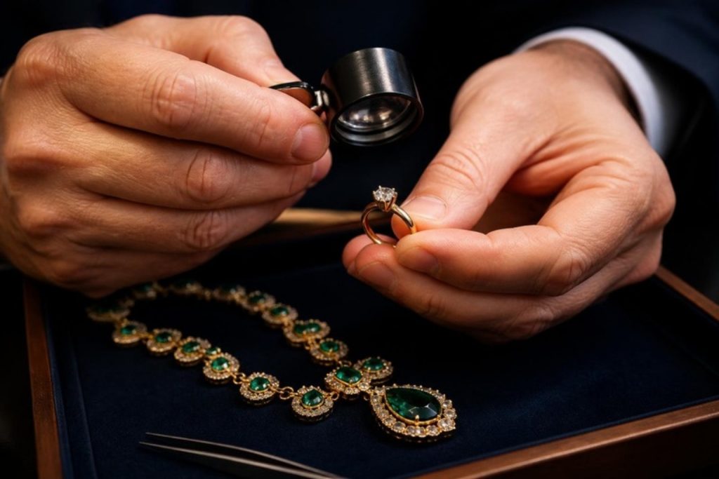 Avalúo de joyas: anillo de diamante y collar de esmeraldas examinados con lupa