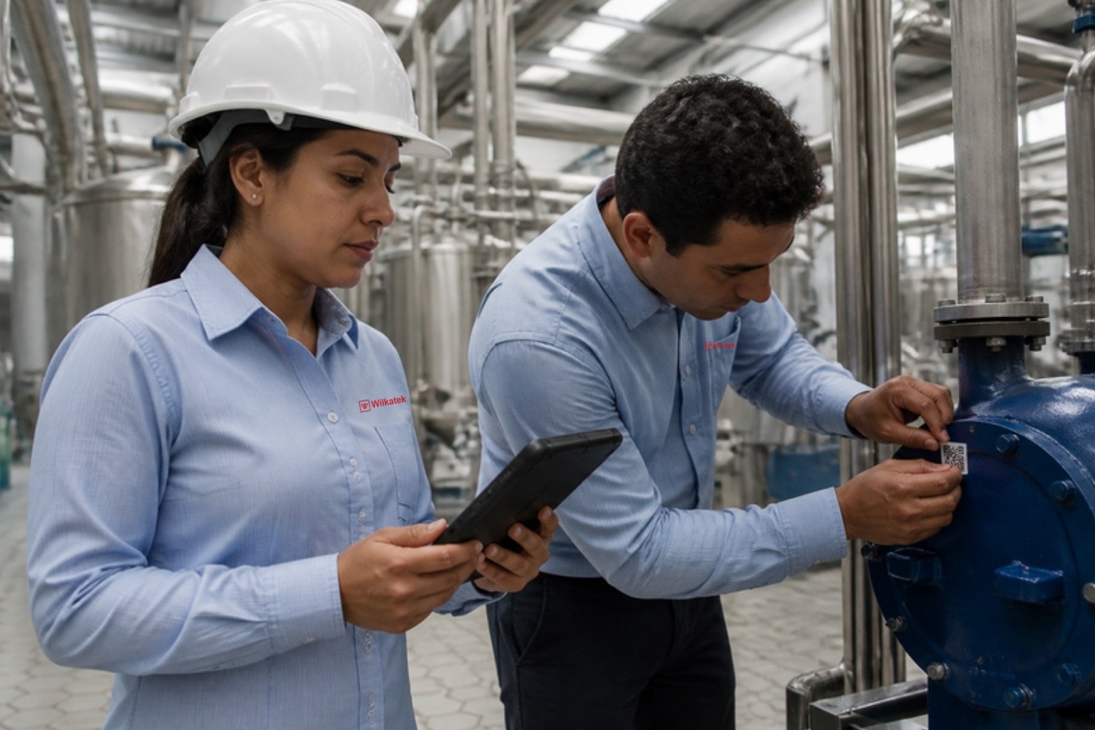 Técnicos de Wilkatek instalando placas de identificación de activos en planta